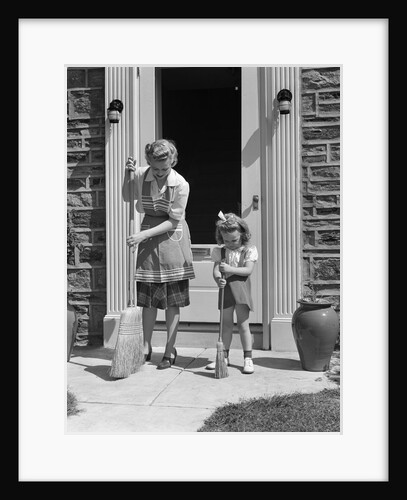 1940s Mother And Daughter Sweeping Sidewalk In Front Of Home by Anonymous