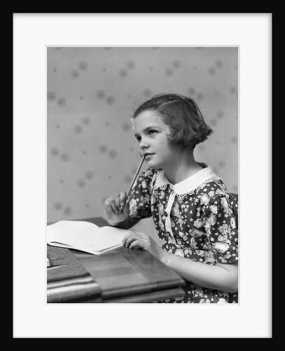 1930s Teenage Girl Thinking Sitting At Table Doing Homework by Anonymous