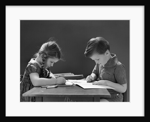 1940s Boy And Girl Sitting At Table Coloring In Books by Anonymous