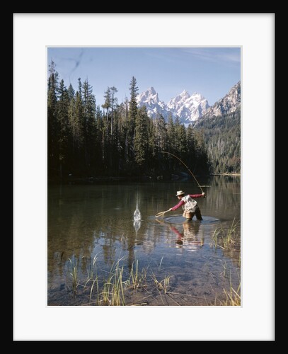 1970s Man Fisherman Red Shirt In Rocky Mountains Stream Lake Fly Rod Catch Splashing On Line Net by Anonymous