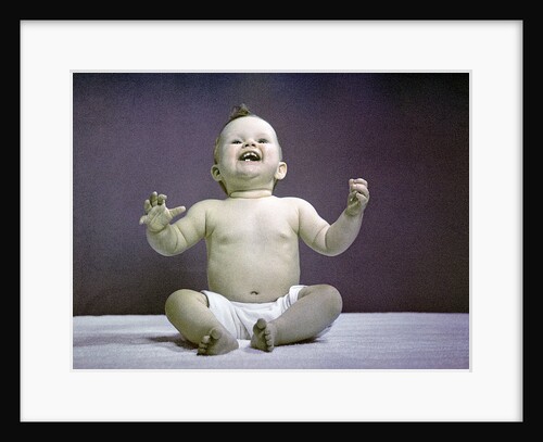 1940s 1950s Full Body Sitting Baby Laughing Hands Arms Raised by Anonymous