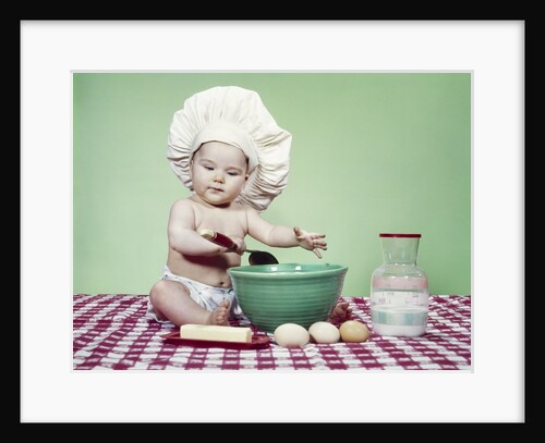 1960s Baby Wearing Chef Hat Spoon Mixing Bowl And Baking Ingredients by Anonymous