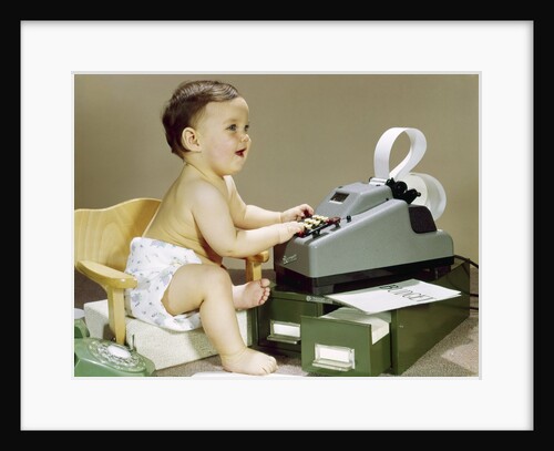 1960s Smiling Accountant Office Worker Baby Wearing Cloth Diaper Sitting In Chair Using Adding Machine Calculator by Anonymous