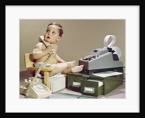 1960s Business Baby Sitting In Chair Holding Telephone With Calculator Adding Machine File Drawers Looking Back Over Shoulder by Anonymous