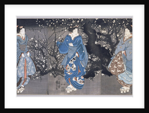An oban triptych depicting a nocturnal scene with three Bijin by Utagawa Kuniyoshi