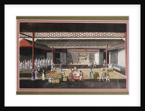 A Chinese export ricepaper painting depicting a storage house interior with figures packaging and weighing tea crates by Anonymous