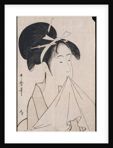 A bust portrait of Okita of the Naniwaya holding a hand towel in her teeth and stretching the cloth by Kitagawa Utamaro