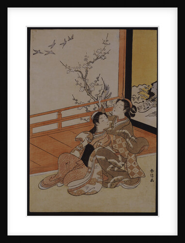 Two women seated by a verandah, one pointing at geese in flight, beyond a flowering plum tree outside by Suzuki Harunobu