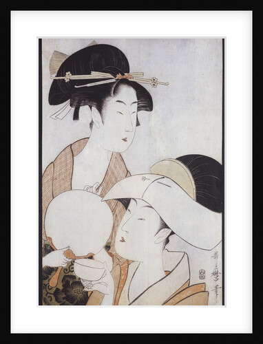 Bust portrait of two women, one holding a fan, the other with a head cover holding a tea cup by Kitagawa Utamaro