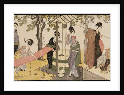A triptych of girls washing and stretching cloth under the trees by Utagawa Toyokuni