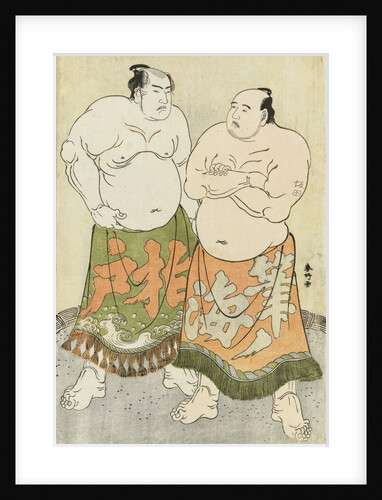 Full-length portraits of the wrestlers Fudenoumi of the Eastern Group on the right and Kashiwado of the Western group on the left by Katsukawa Shunsho