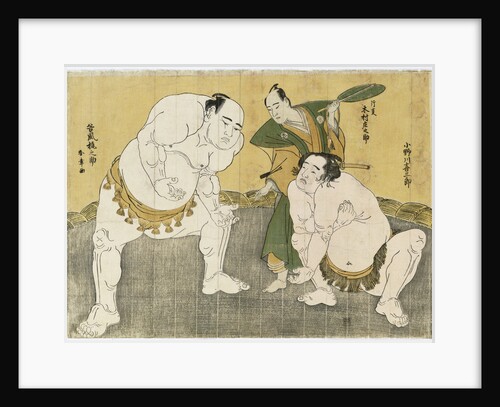 Onogawa Kisaburo and Tanikaze Kajinosuke performing the shikiri in the dohyo, the referee Kimura Shonosuke behind them by Katsukawa Shunsho