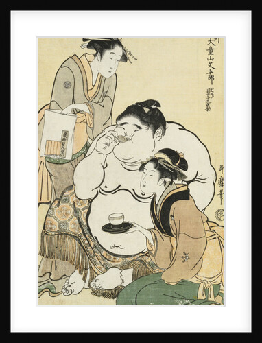 Daidozan Bungoro, the infant prodigy drinking sake and being offered tea by the famous beauty and teahouse waitress Okita of the Naniwaya and biscuits by her rival Ohisa of the Takashimaya by Kitagawa Utamaro