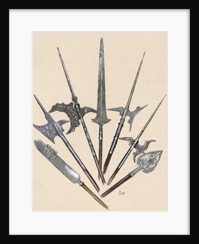Weapons. Halberds and spearhead. Colored engraving by Anonymous