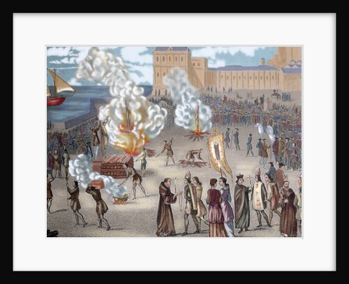 Inquisition. Captives to the auto de fe for sentencing. Colored engraving by Anonymous
