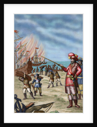 Cortes destroying his fleet. Colored engraving by Anonymous