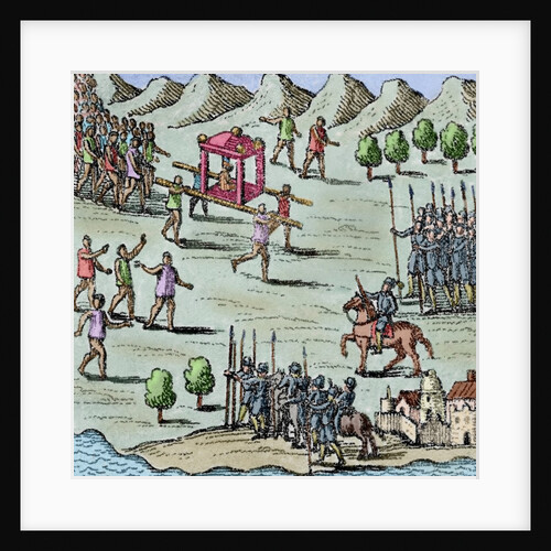 The King of Michoacan visit to Hernan Cortes. Colored engraving by Anonymous