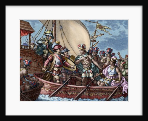 Conquest of Mexico. Capture of Cuauhtemoc. Colored engraving by Anonymous
