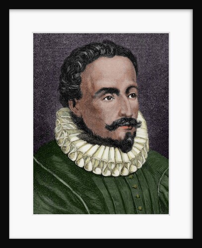 Miguel de Cervantes (1547-1616). Colored engraving by Anonymous