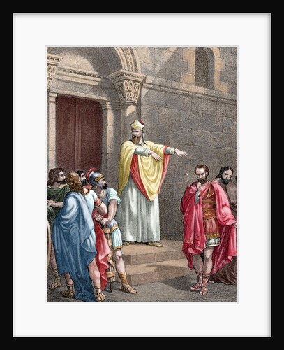 Saint Ambrose (c. 340-397) excommunicating the Roman Emperor Theodosius I. Colored engraving by Anonymous