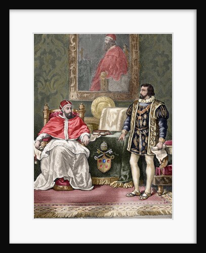 Pope Clement VII (1478-1534), with the king of France Francis I (1494-1547). Colored engraving by Anonymous