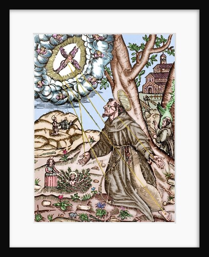 Saint Francis of Assisi (1181/82-1226) recives the Stigmata. Colored engraving by Anonymous