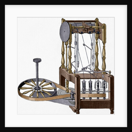 Spinning-frame. Designed in 1767 by Richard Arkwright (1732-1792). Colored engraving by Anonymous