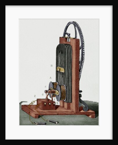 Magnetoelectric Machine by E. M. Clarke. 19th century. Colored engraving by Anonymous