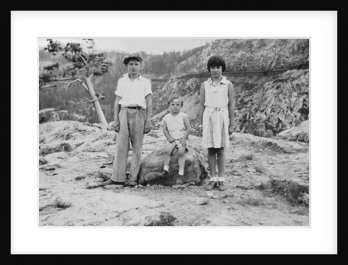 Three siblings pose at Donner Pass on vacation, ca. 1938 by Anonymous