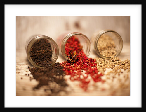 Black, red, and white pepper corns in rustic mason jars by Anonymous