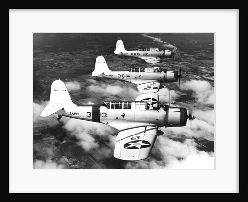 1940s three World War II US navy dive bombers flying in formation by Anonymous