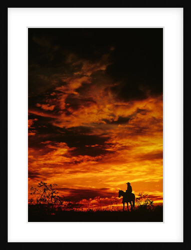 Silhouette of lone cowboy man on horse at sunset by Anonymous