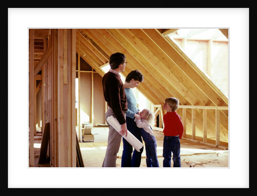 1980s family of four inspecting new home under construction by Anonymous
