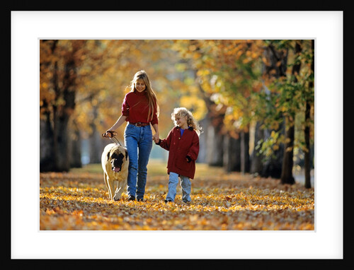 Mother and child walking dog in autumn by Anonymous