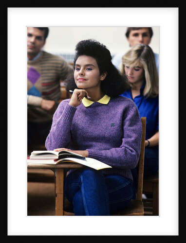 1980s college classroom students sitting at desks by Anonymous