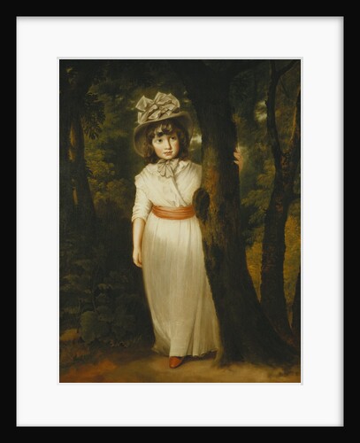 Portrait of Miss Harriett Anne Seale as Bo-Peep, Standing Full Length, in a Landscape, Wearing a White Dress, Pink Sash and a Large Grey Felt Hat with Grey Ribbons, Her Left Arm Around a Tree by John Hoppner