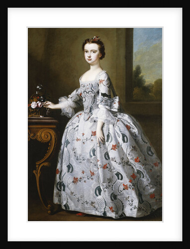 Portrait of a Girl, full-length, in a Grey Satin Dress with Elaborate Floral Embroidery, Beside a Basket of Flowers on a Table, a Wooded Landscape Beyond by Bartholomew Dandridge
