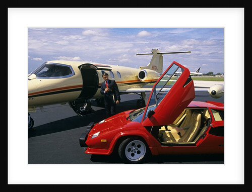 Successful wealthy businessman with Lamborghini and jet plant by Anonymous