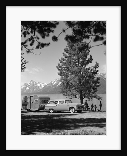 1950s family station wagon and camper at Jackson Lake, Wyoming by Anonymous