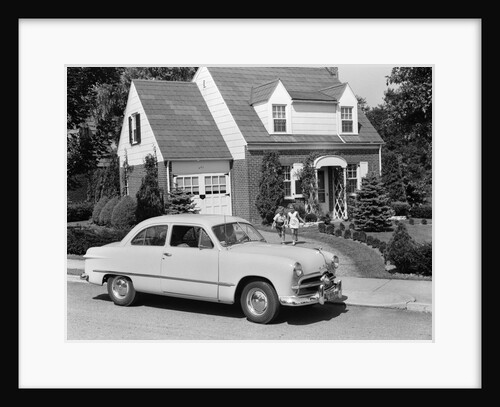 1950s children running towards father sitting in a car by Anonymous