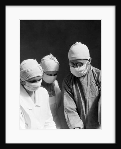 1920s 1930s doctor and two nurses wearing surgical masks by Anonymous