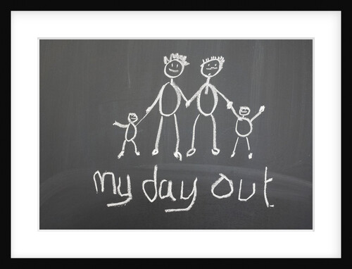 Blackboard with a child's drawing of a happy family day out by Anonymous