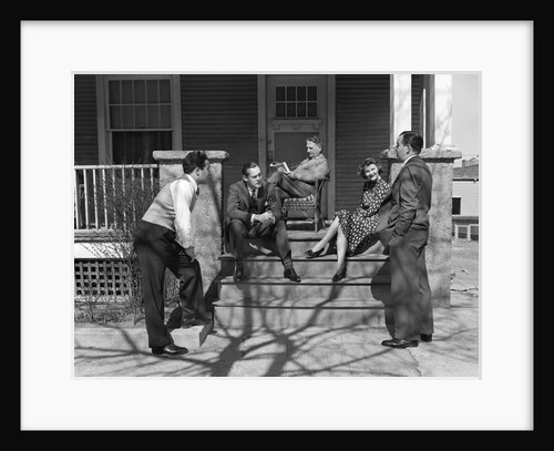 1930s three men courting a woman on a front porch by Anonymous