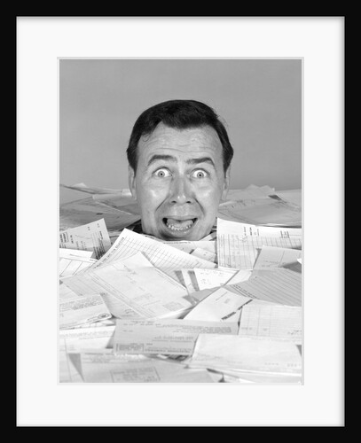 1960s portrait of bug-eyed man buried by bills by Anonymous