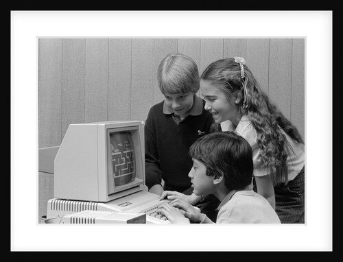 1980s boys and girl playing games on a computer by Anonymous