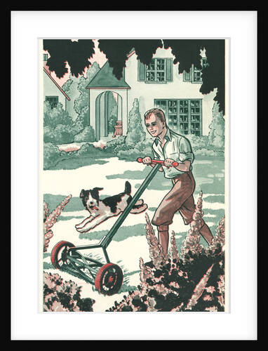 Industrious Boy Mowing Lawn by Anonymous