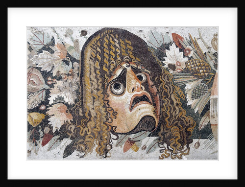 Detail of Roman mosaic depicting tragic mask with leaves and fruit by Anonymous