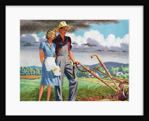 American Couple Standing with a Plow on their Rural Farm. by Anonymous