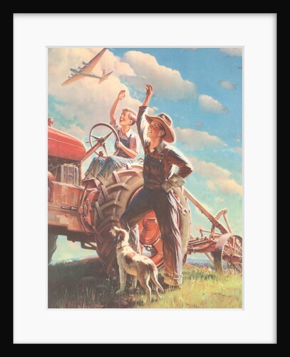 Farmer and Son Waving to Airplane by Anonymous
