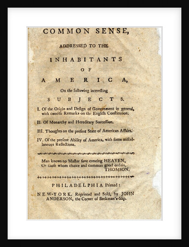 Title page from Thomas Payne's Common Sense pamphlet by Anonymous
